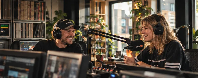 Two presenters laughing together at one microphone.