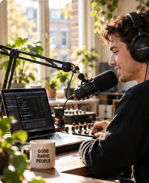 A radio maker in a bright home studio with a laptop, a small mixer and a microphone.